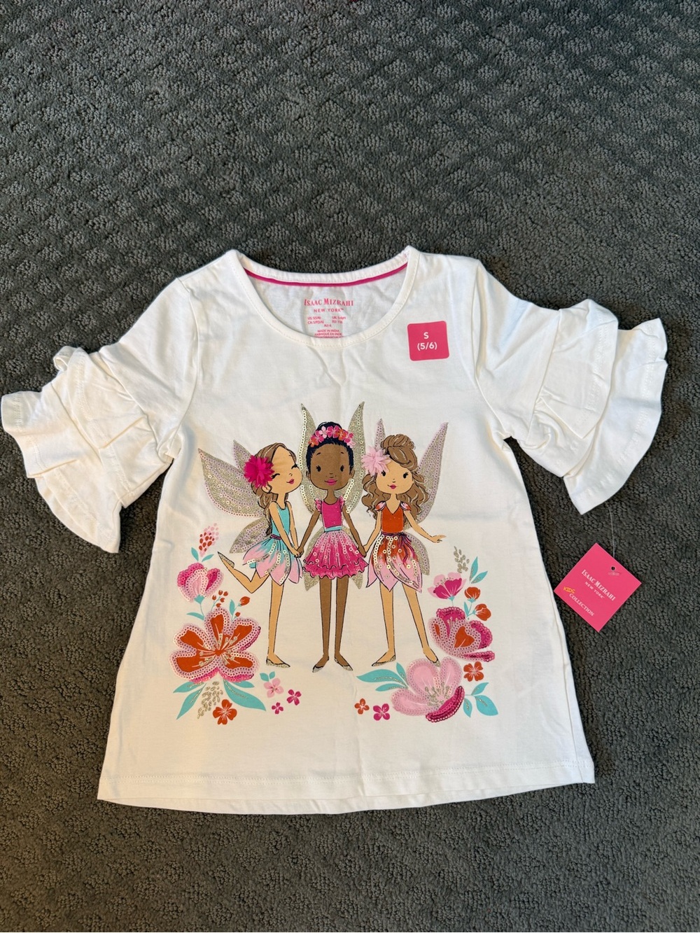 Isaac Mizrahi Girls White Tee with Pink Trim and Gold Sequin Detail